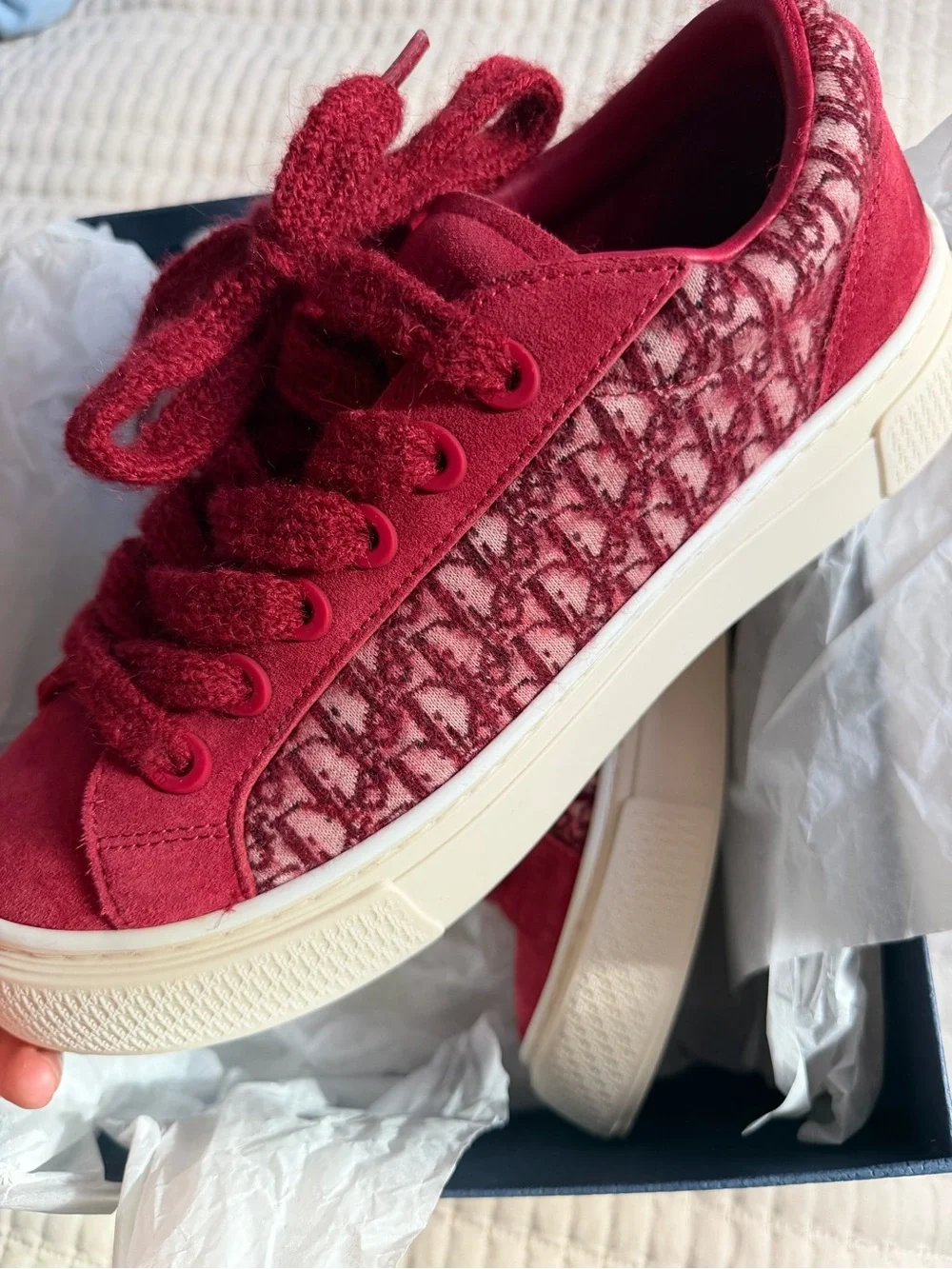 Dior B33 Oblique Mohair & Suede Red Low Top Sneakers 42 1/2 USA 9.5